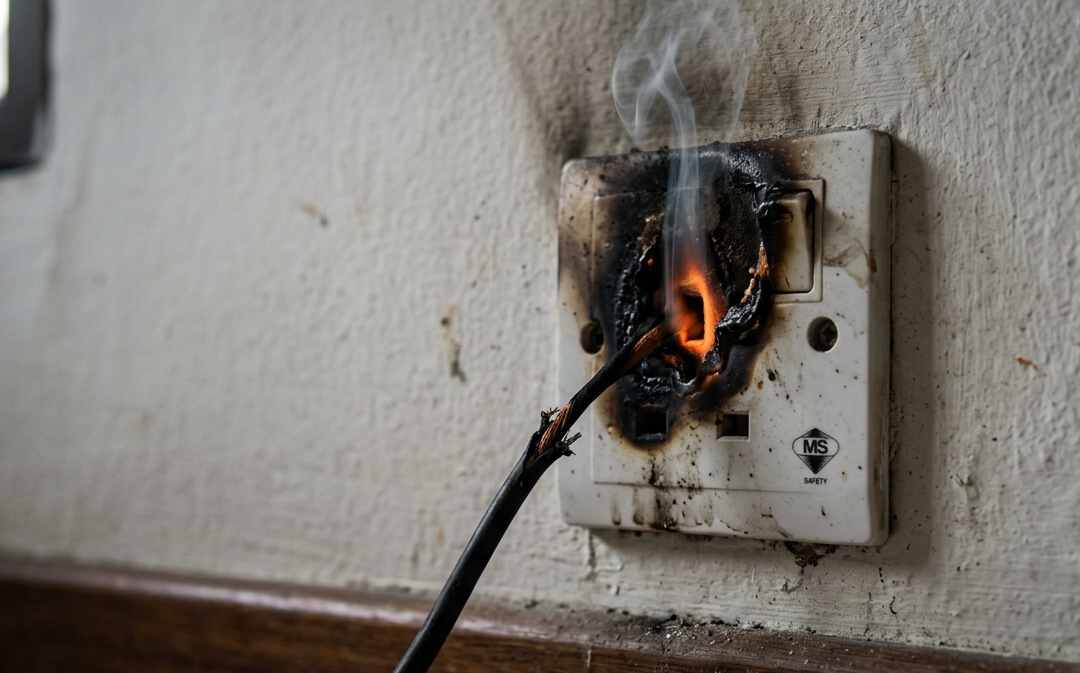 Burning smell coming from damaged electrical socket in a Malaysian home.
