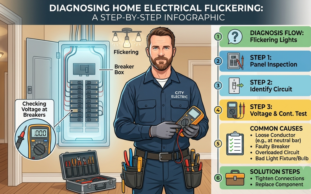Professional electrician diagnosing flickering lights and inspecting a home's electrical system.