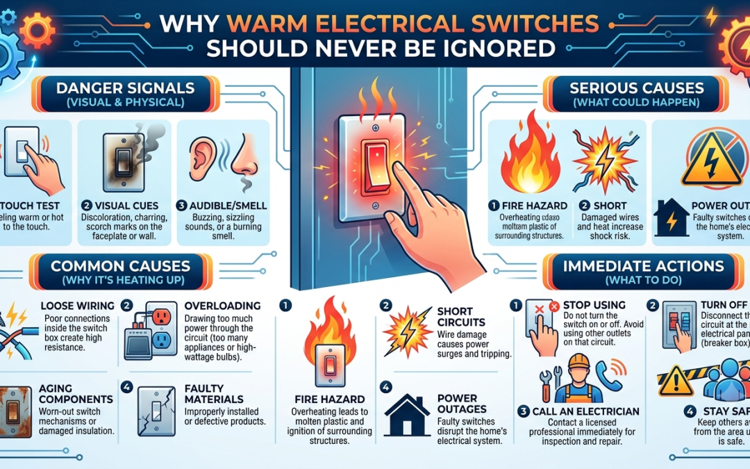 Professional electrician inspecting a warm electrical switch to identify potential electrical safety issues in a home.