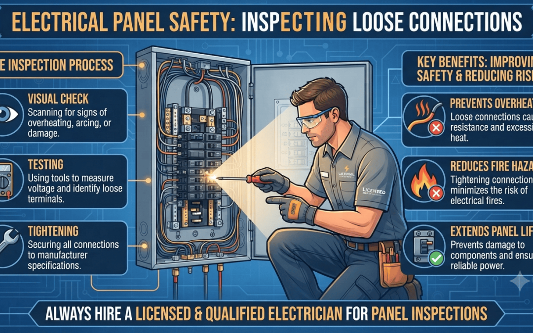 Licensed electrician inspecting loose electrical connections inside an electrical panel to improve electrical safety and reduce fire risks.