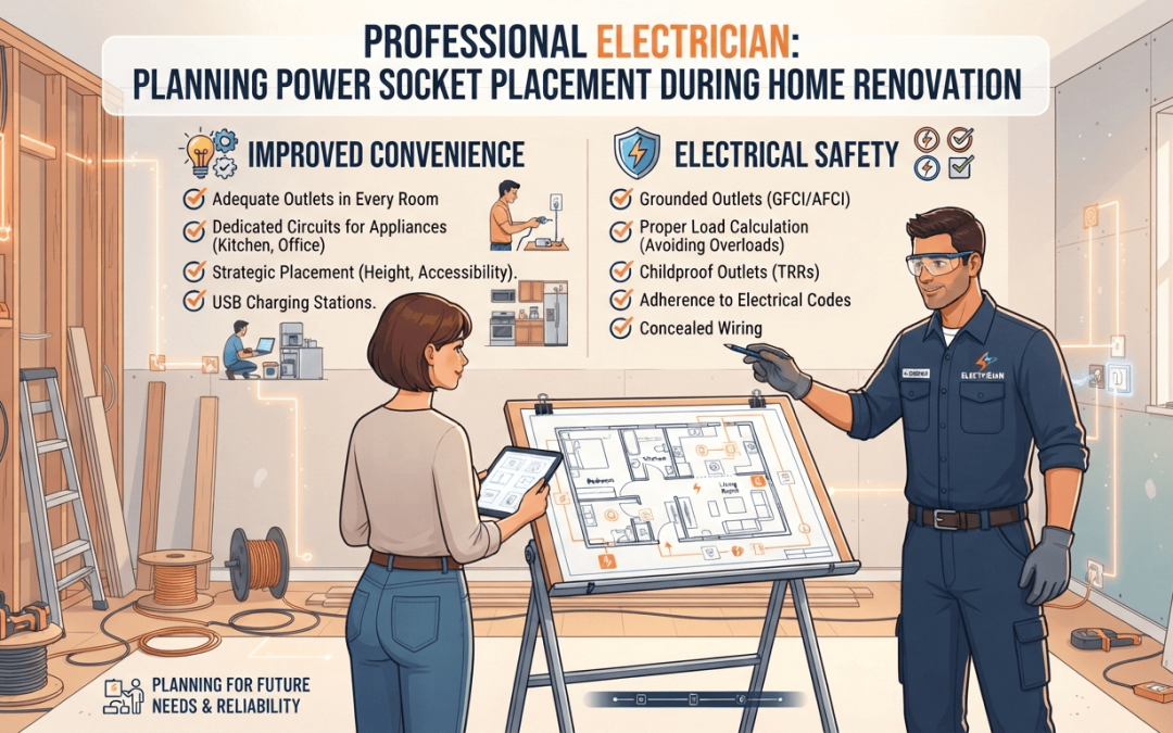 Professional electrician planning power socket placement during a home renovation to improve convenience and electrical safety.